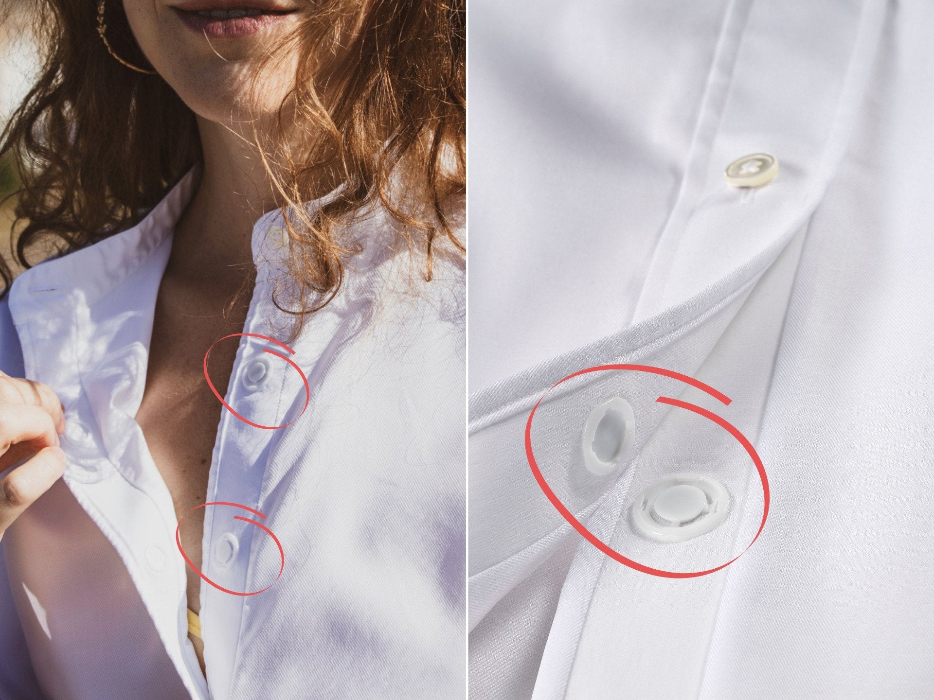 Yorokani Bluse geöffnet. Weiß, eine Frau ist sichtbar die ihre Bluse öffnet.