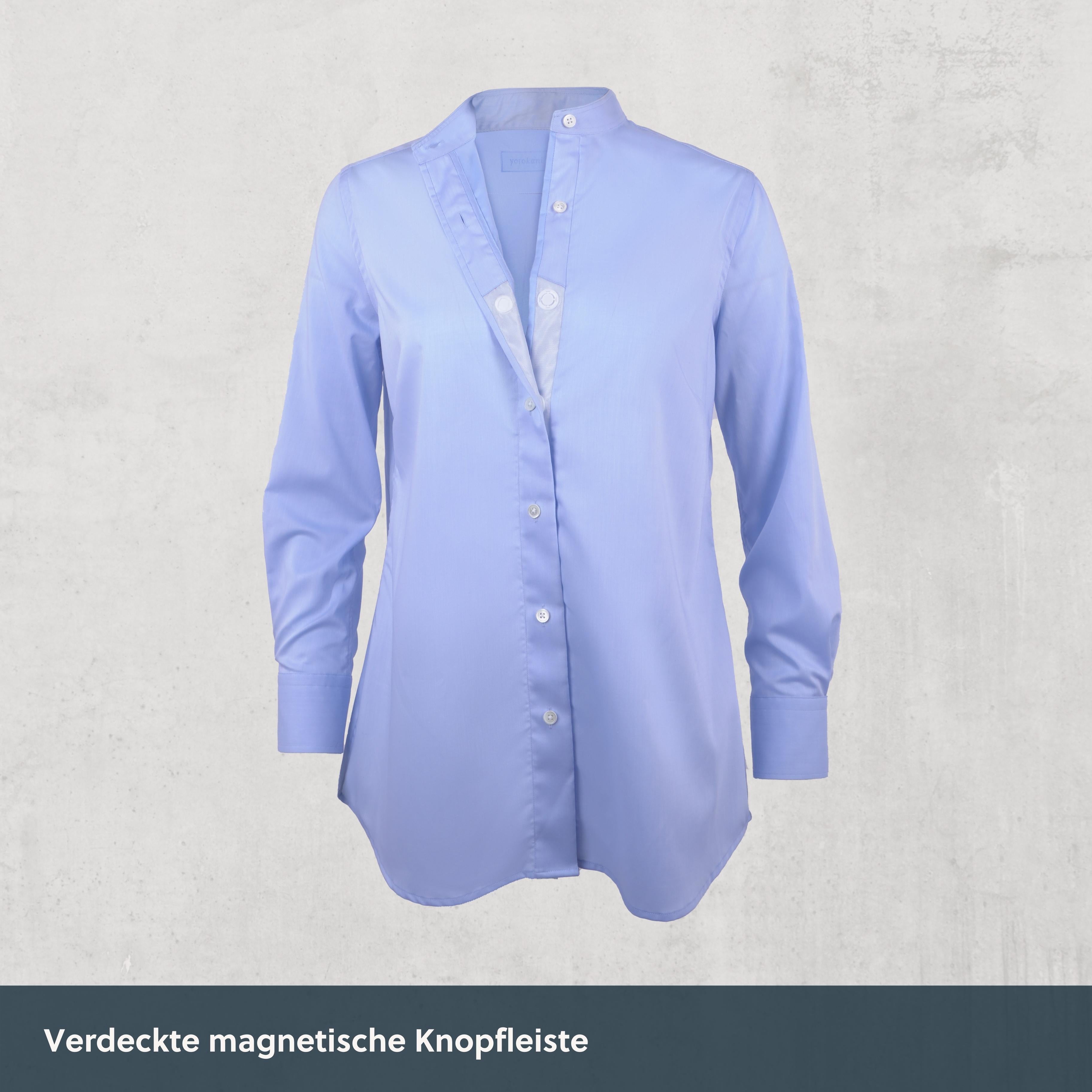 Stehkragen Magnetbluse - hellblau aus Baumwolle