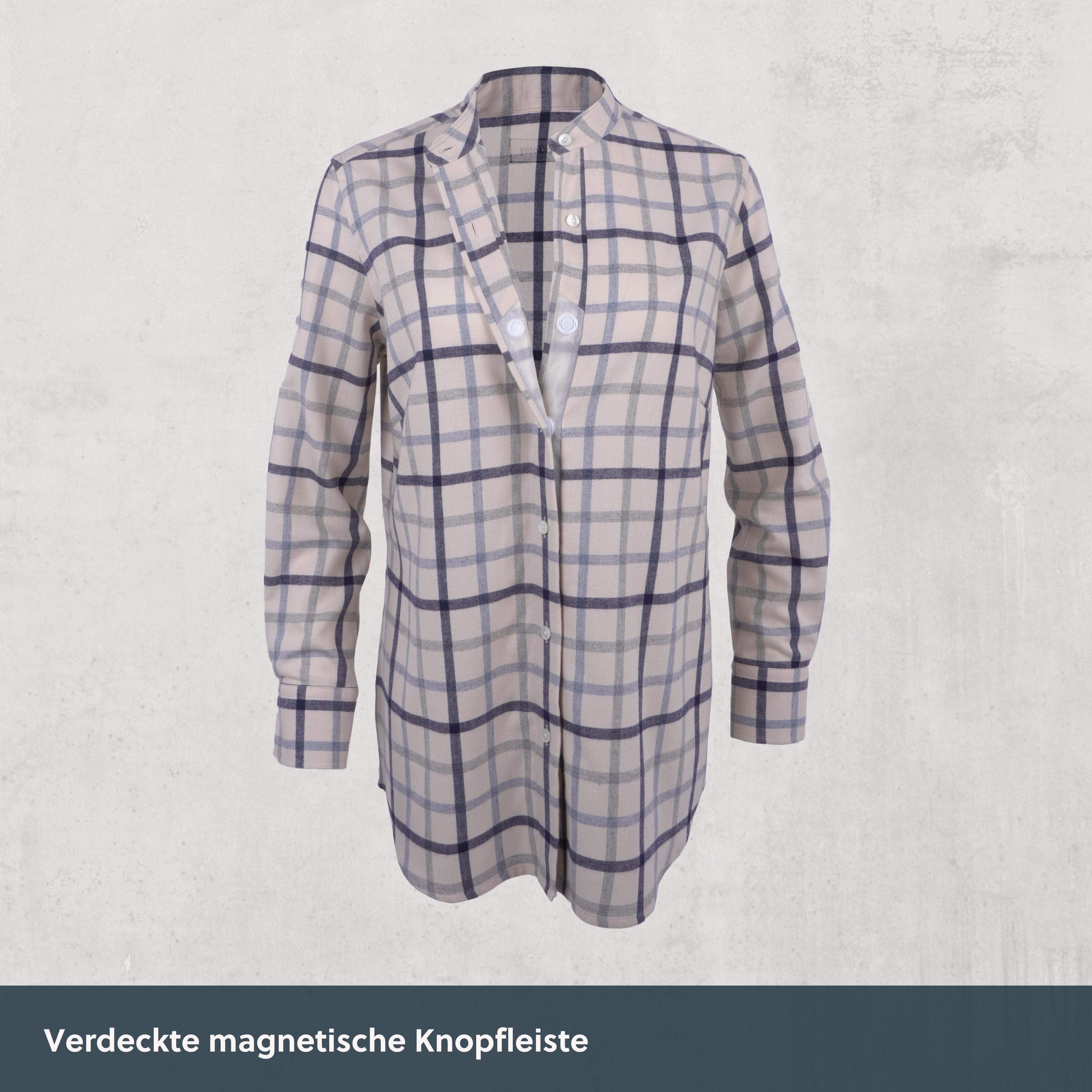 Stehkragen Magnetbluse - weiches Flanell aus Baumwolle und Schurwolle