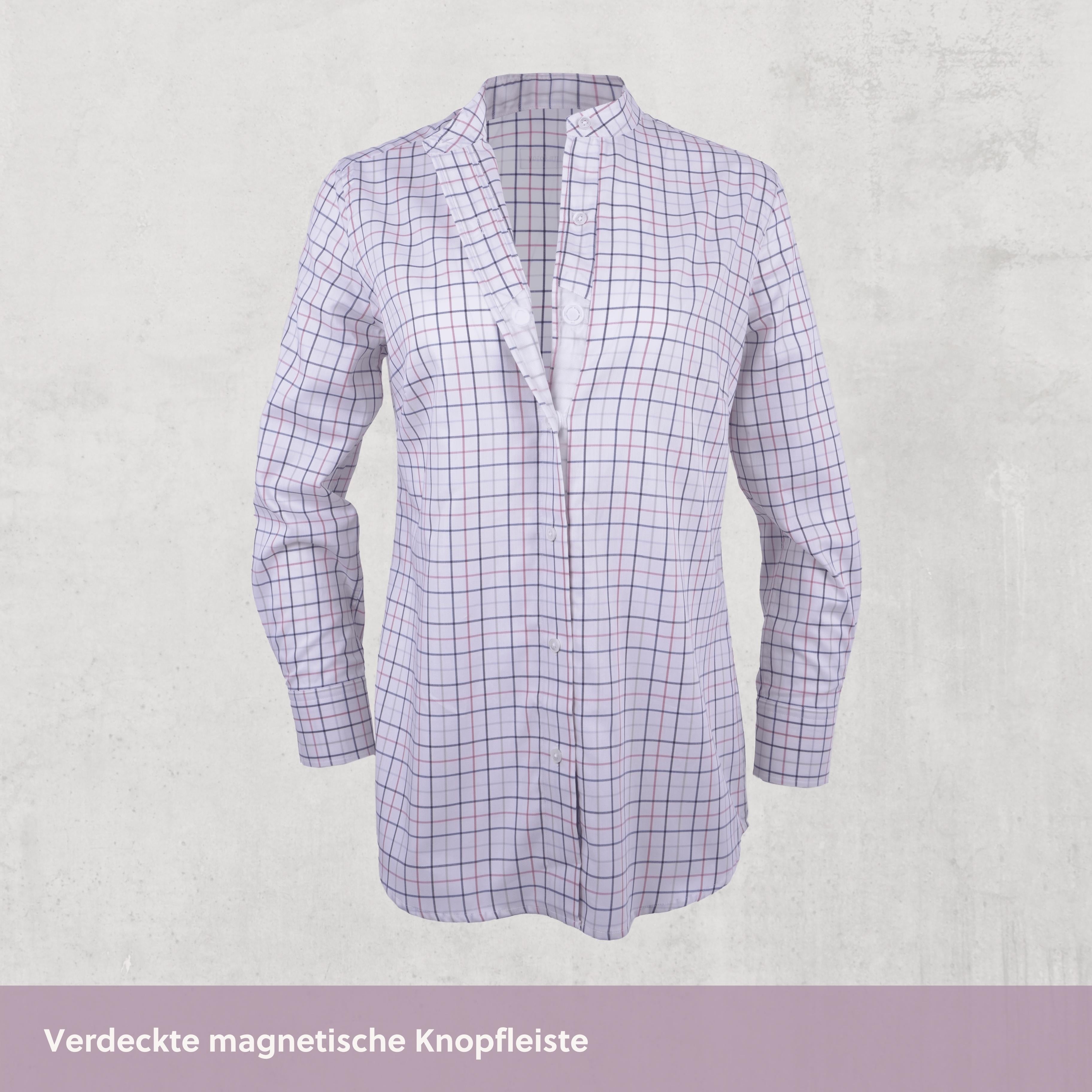 Stehkragen Magnetbluse - rosa-blau kariert aus Baumwolle