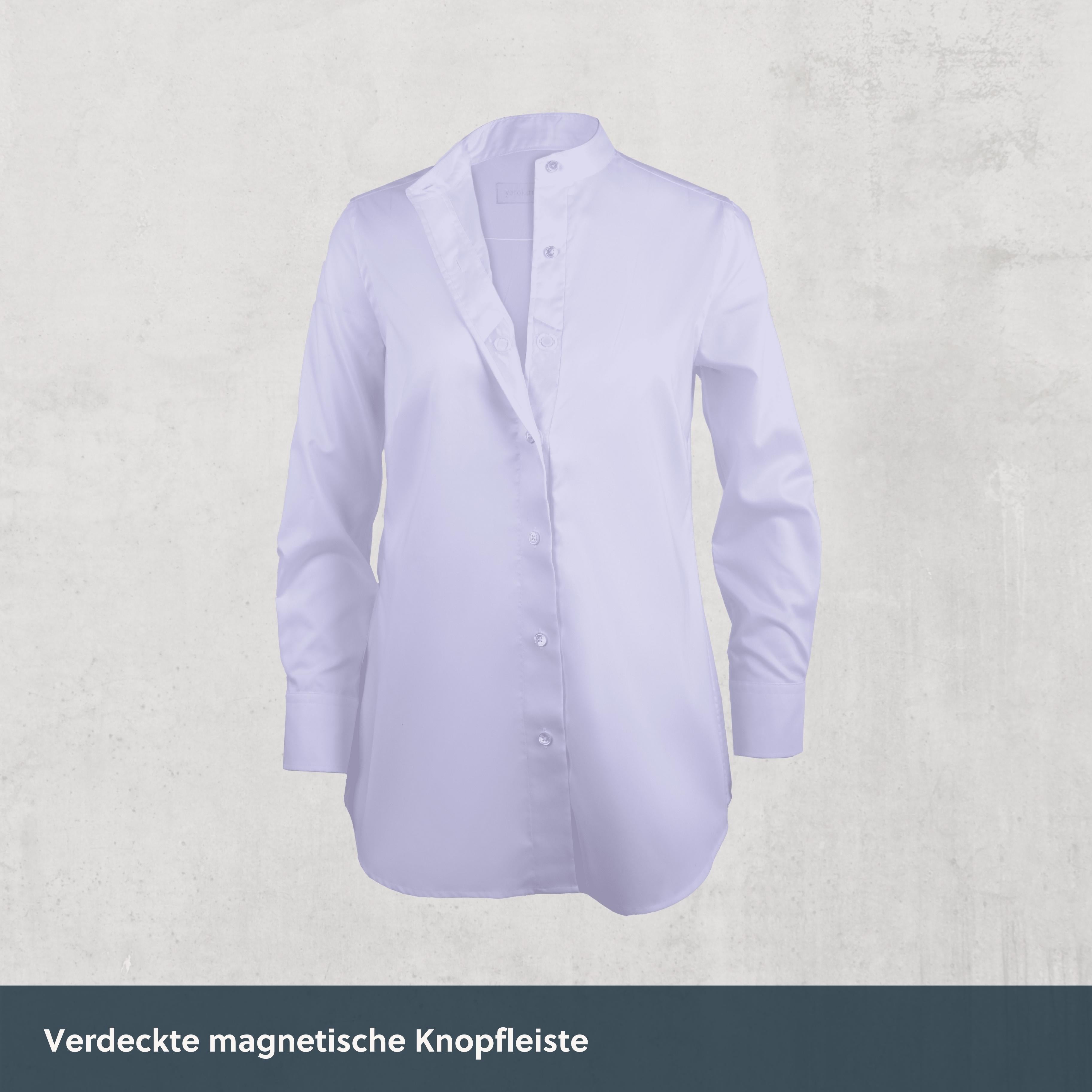 Stehkragen Magnetbluse - schneeweiß aus Baumwolle