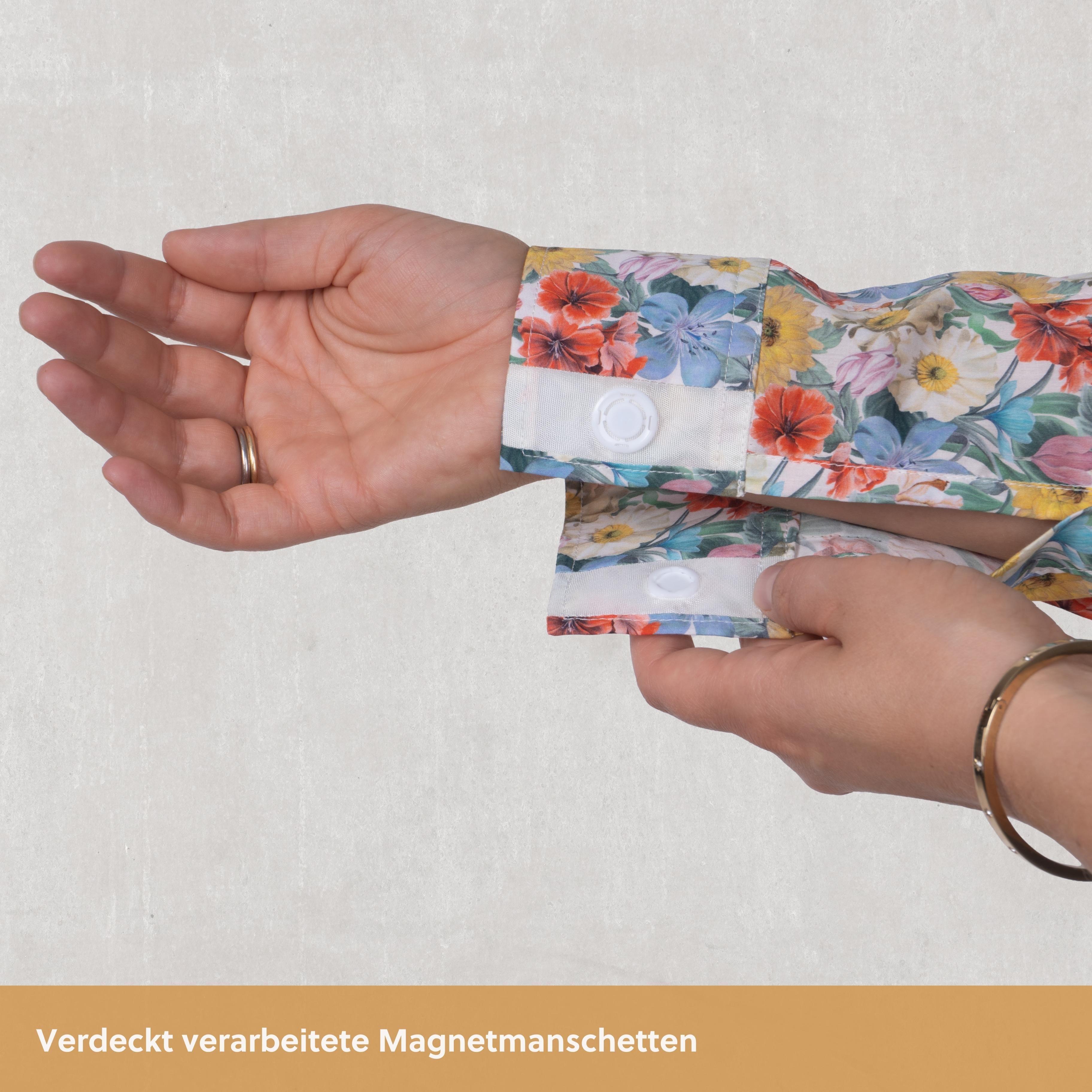 Magnetische Kelchkragenbluse - blumig-bunt aus Baumwolle