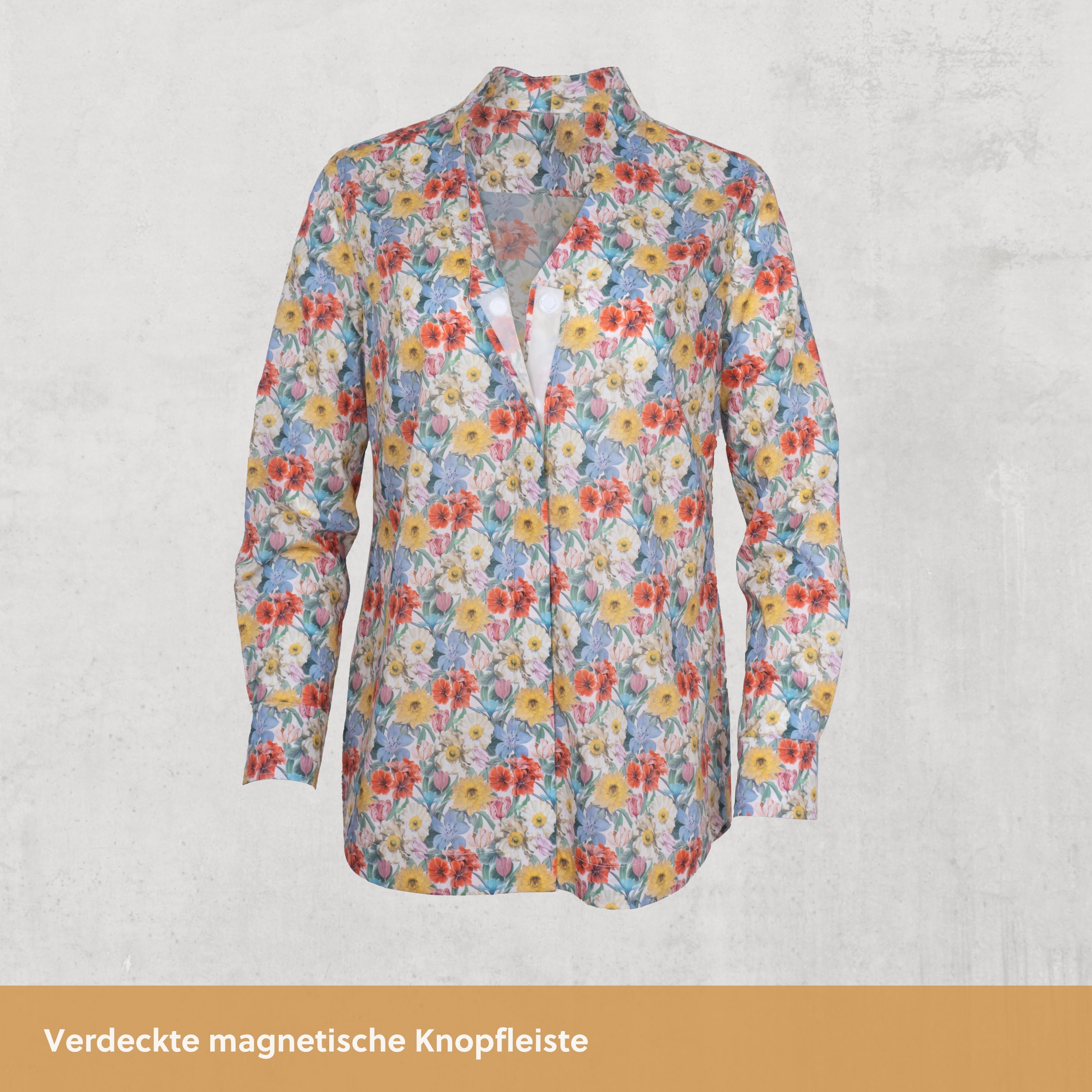 Magnetische Kelchkragenbluse - blumig-bunt aus Baumwolle