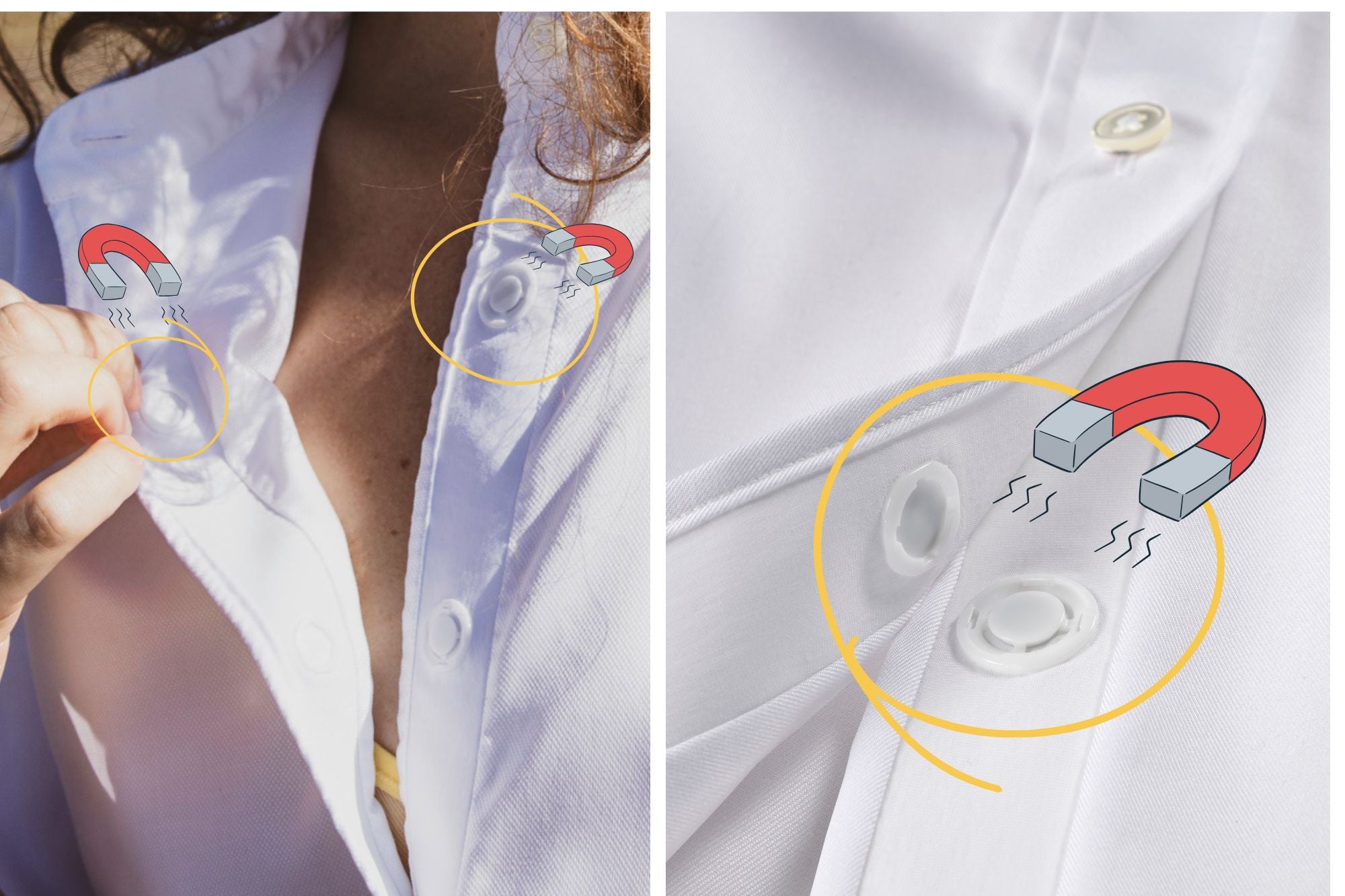 Dame öffnet die weiße magnetische Damenbluse