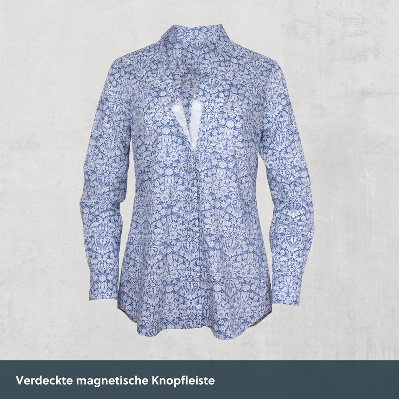 NEU! magnetische Kelchkragenbluse - Paisley blau-weiß aus Baumwolle