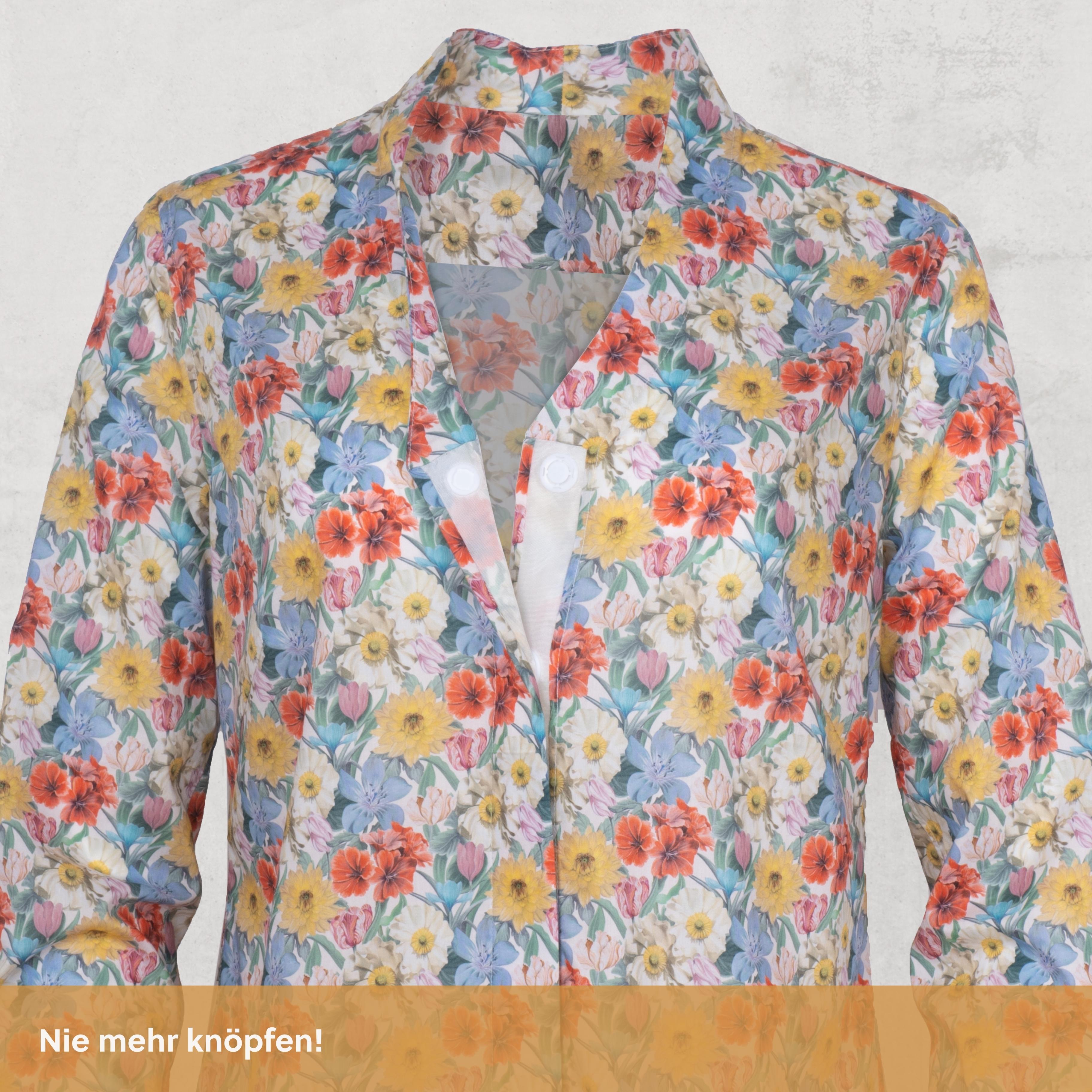 Magnetische Kelchkragenbluse - blumig-bunt aus Baumwolle