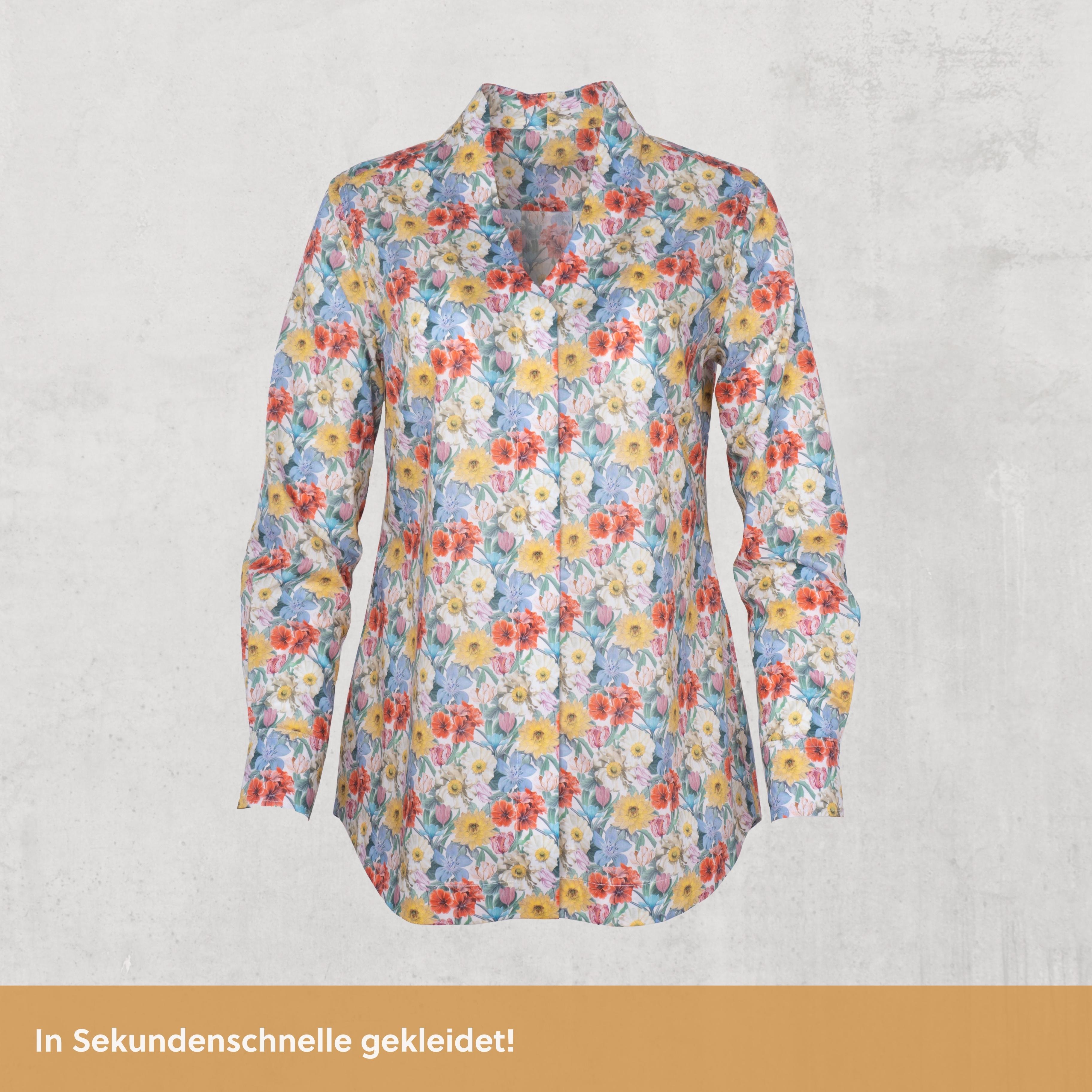 Magnetische Kelchkragenbluse - blumig-bunt aus Baumwolle