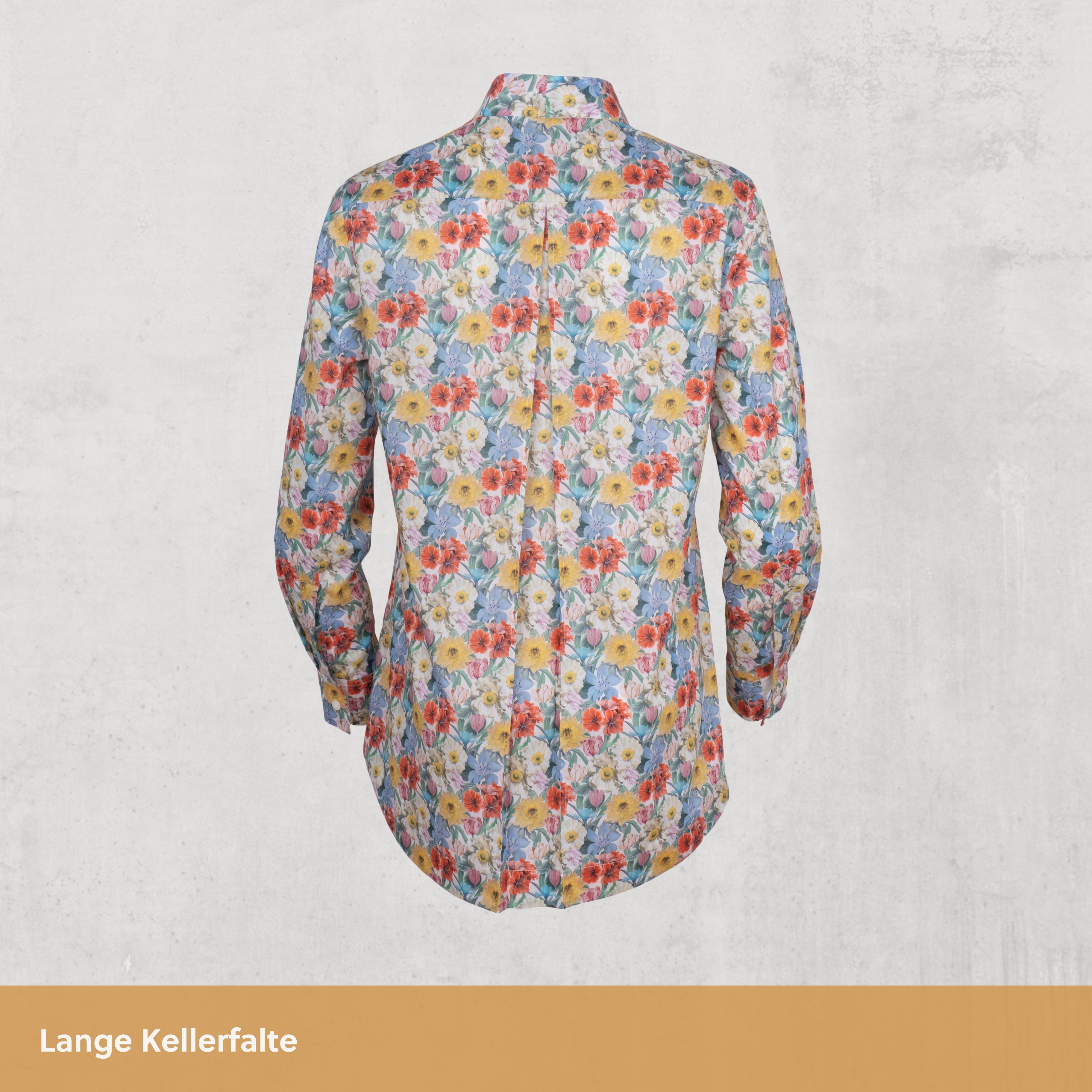 Magnetische Kelchkragenbluse - blumig-bunt aus Baumwolle